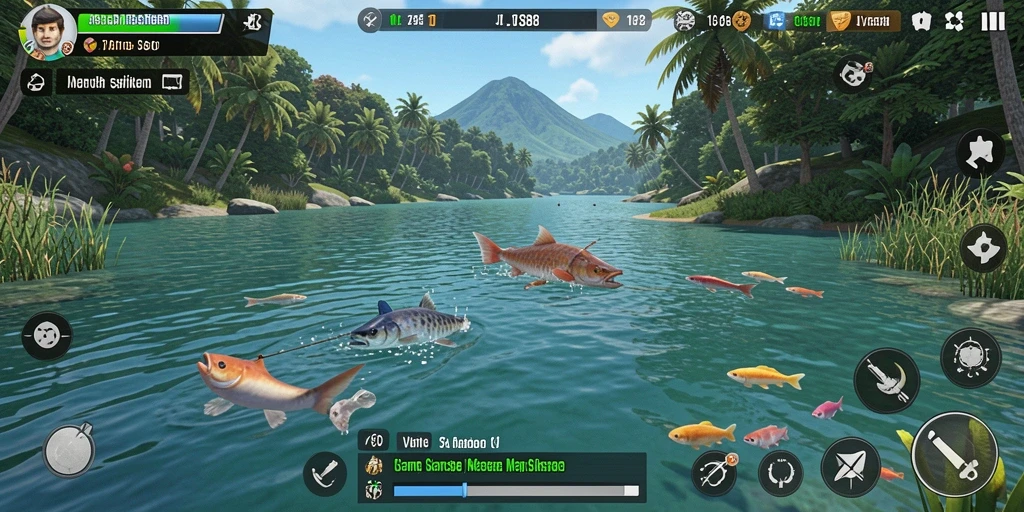 Tampilan menarik dari gameplay JVS88 dengan berbagai jenis ikan yang bisa ditangkap.