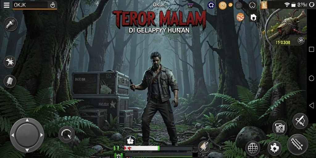 Gameplay seram OKJK di tengah hutan yang gelap.