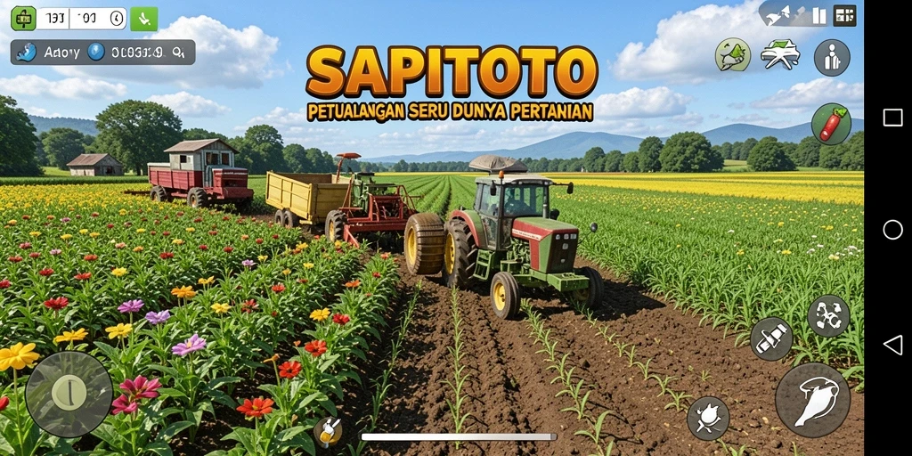 Screenshot dari gameplay SAPITOTO menampilkan taman yang indah dan tanaman subur.