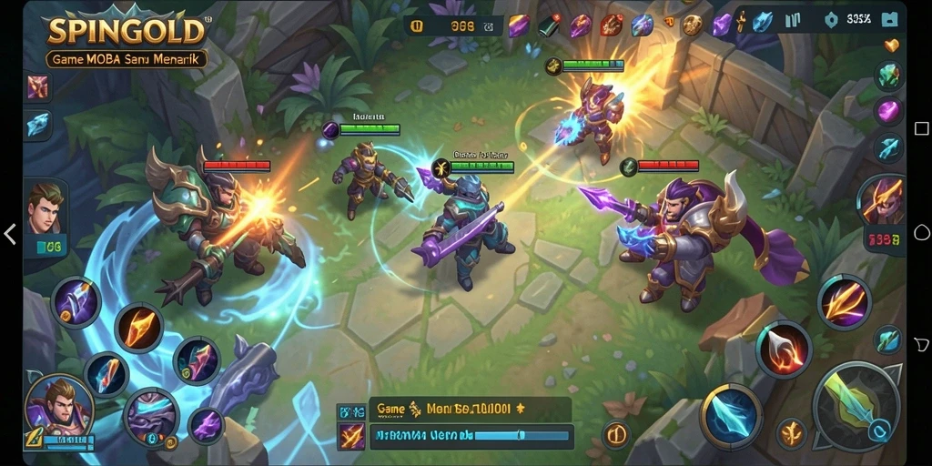 Screenshot utama SPINGOLD menampilkan aksi pertarungan seru dalam gameplay MOBA.