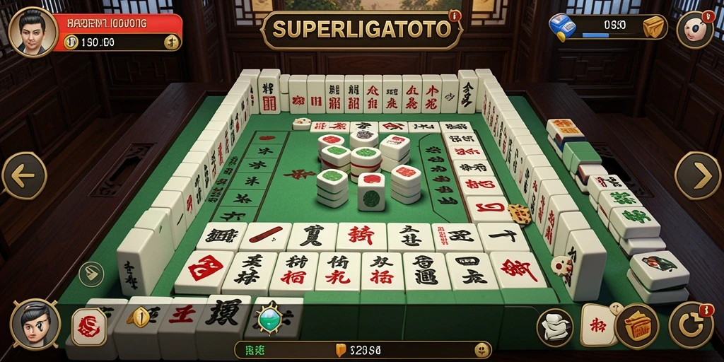 Gameplay seru SUPERLIGATOTO dengan ubin Mahjong berwarna-warni.